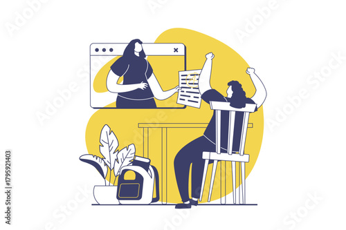Online education web concept with flat people for website design. Woman learning at distance class, taking exam with success result, connecting with teacher by video conference. Vector illustration.
