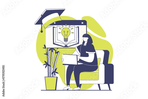 Online education web concept with flat people for website design. Woman learning at distance course, using digital library service, reading textbooks at laptop, gets information. Vector illustration.