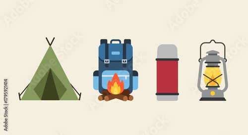 Camping Gear Vector Icons Tent Backpack Thermos Lantern Bonfire for Outdoor Adventure Travel