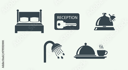Hotel Service Icons Set Bed Reception Bell Shower Room Service for Hospitality and Travel Business
