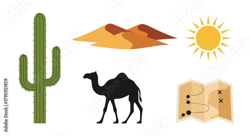 Desert Landscape Icons Cactus Camel Sand Dunes Sun and Map for Travel and Adventure Concepts