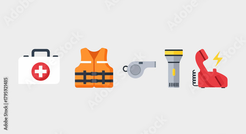 Essential Safety and Emergency Equipment Icons First Aid Kit Life Vest Whistle Flashlight and Emergency Phone