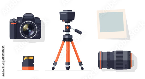 Photography Equipment Collection Camera Lens Tripod SD Card Photo Frame Professional Studio Gear