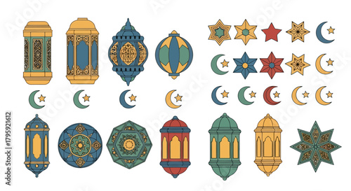 Ramadan Lanterns and Islamic Geometric Patterns Collection Festive Vector Illustrations for EID Celebrations and Middle Eastern Design