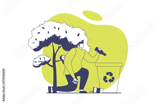 People collecting garbage web concept with flat people for website design. Man collecting waste in disposal bin for sorting and recycling, cleaning in park, developing eco habits. Vector illustration.