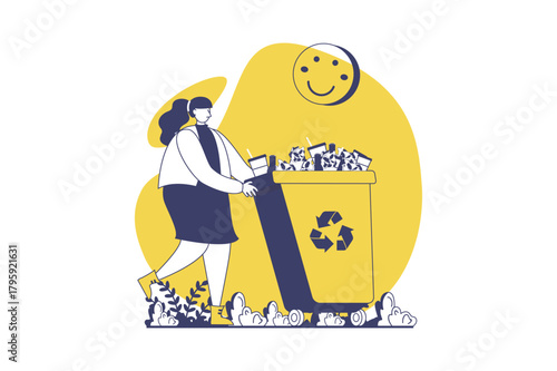 People collecting garbage web concept with flat people for website design. Woman collecting waste in disposal bin, gathering, sorting and recycling trash, cleaning in public park. Vector illustration.