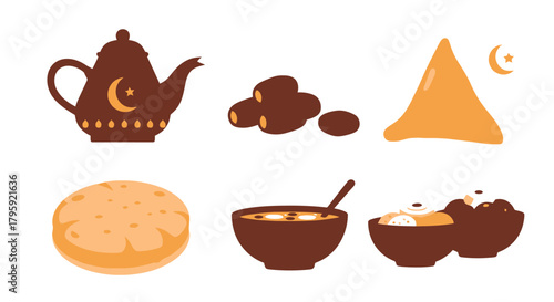 Ramadan Iftar Food Set Dates Samosa Tea Bread Soup Dessert Islamic Culture Flat Icons