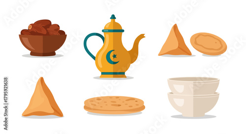 Iftar Food Icons Dates Samosas Arabic Coffee Pot Flatbread Bowls Ramadan Eid Celebration