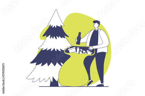 People collecting garbage web concept with flat people for website design. Man collecting waste in special bag for disposal bin, gathering and sorting trash, cleaning in forest. Vector illustration.