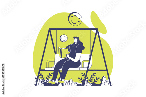 People reading book web concept with flat people for website design. Woman reads literature while sitting swing outdoors, bookworm pastime with different texts, engaged in hobby. Vector illustration.