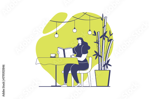 People reading book web concept with flat people for website design. Woman reads literature while sitting cafe table and drink coffee, bookworm enjoying with different texts. Vector illustration.