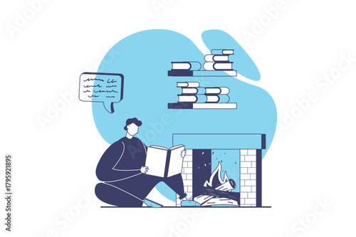 People reading book web concept with flat people for website design. Man reads literature while sitting by fireplace at home, bookworm enjoying with different texts in cosy. Vector illustration.