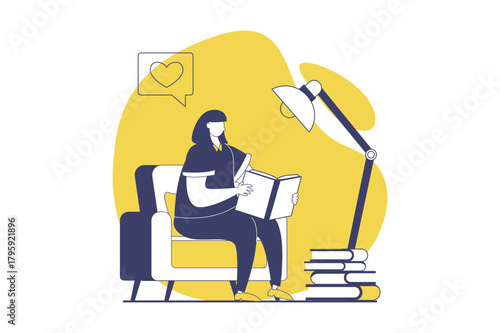 People reading book web concept with flat people for website design. Woman reads literature while sitting in armchair under lamp, reader enjoying hobby with different texts. Vector illustration.