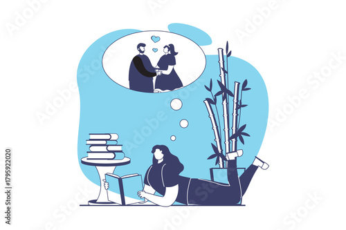 People reading book web concept with flat people for website design. Woman reads romantic literature genre about romance couple. Bookworm enjoying hobby and engaged in interest. Vector illustration.