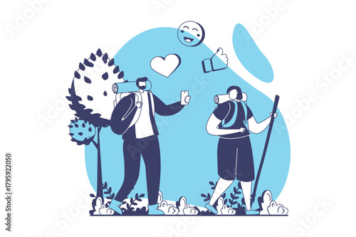 People sit in gadgets web concept with flat people for website design. Man and woman hiking and taking selfie and photos, spending time in smartphone, streaming their traveling. Vector illustration.
