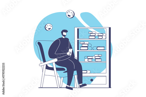 People sit in gadgets web concept with flat people for website design. Man interacting with digital information or entertainment content in mobile app and ignoring books on shelf. Vector illustration.