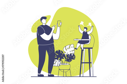 People sit in gadgets web concept with flat people for website design. Man interacting with entertainment content in mobile app, distracting himself and ignoring his little son. Vector illustration.