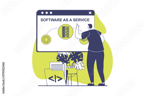 SaaS web concept with flat people for website design. Man using software as a service, doing sync and online backup, managing connection and optimization, computing at server. Vector illustration.