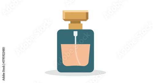 Teal glass perfume bottle, peach liquid, golden rectangular cap, on white