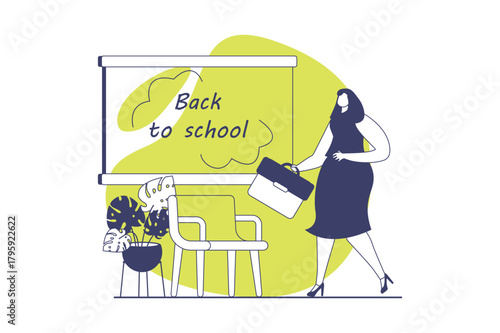 School teachers web concept with flat people for website design. Woman works in school, teaching pupils at lessons by blackboard, explaining information at lecture in classroom. Vector illustration.