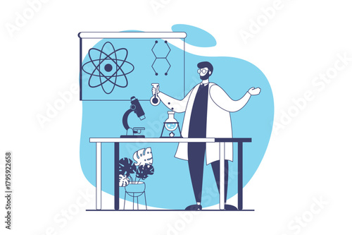 School teachers web concept with flat people for website design. Man works in school, teaching students at science lessons, explaining chemistry reaction or biology at seminar. Vector illustration.