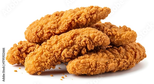 A pile of crispy goldenbrown fried chicken tenders isolated on a white background