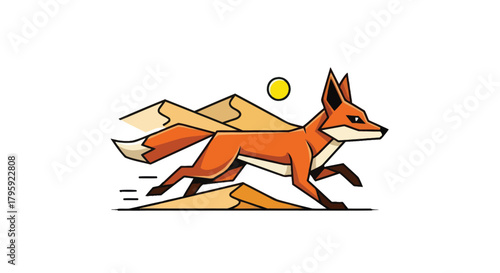 Geometric fox leaping over angular sand dunes under a sun