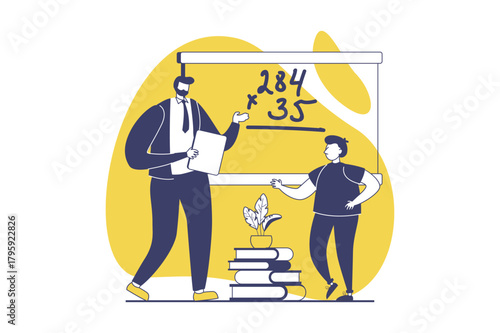 School teachers web concept with flat people for website design. Man works in school, teaching pupil at lessons by blackboard, explaining elementary math to schoolboy in class. Vector illustration.