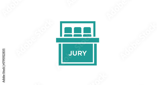 A stylized teal icon of a jury box with seats and the word "JURY" on a rectangular panel