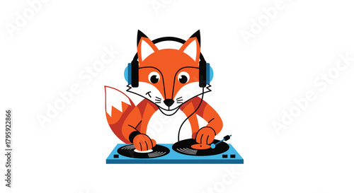 A fox wearing headphones, DJing with turntables in bright colors