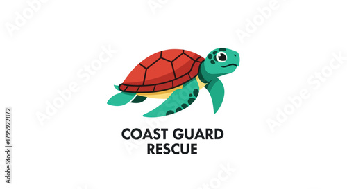 Cartoon sea turtle with orange shell and teal body, Coast Guard Rescue text underneath