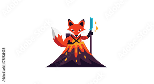 Fox standing atop a volcano holding a blue staff