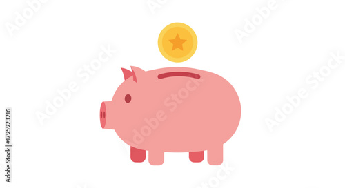 Pink piggy bank receiving golden coin