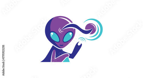 Cartoon alien. Large eyes, purple & navy colors, creating swirling rings with its finger against white