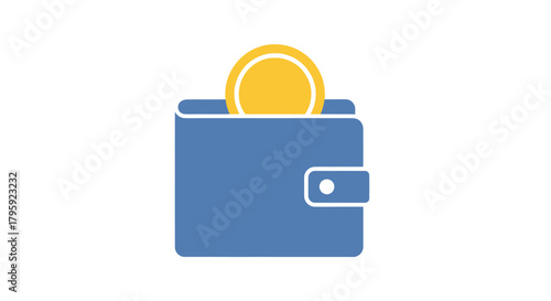 Flat vector illustration of a blue wallet with a gold coin inside