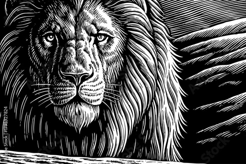 dominant lion locks eyes with the viewer, standing still with tense muscles, creating an intense and powerful connection in dramatic close up perspective