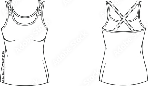 Women’s athletic tank top with stylish crisscross back straps, modern sportswear fashion design template, detailed apparel outline, flat vector illustration