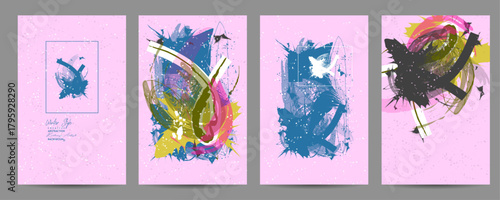 Elegant natural pastel muted pale calm tones card templates set. Collection of Winter Christmas style invitations with gold abstraction backgrounds