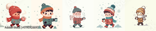 vector of little boy walking carrying warm drink in winter