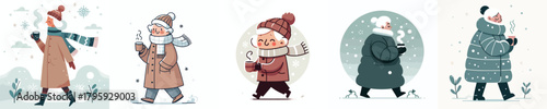 vector of grandmother walking carrying warm drink in winter