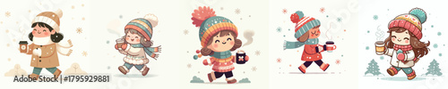vector of little girl walking carrying warm drink in winter