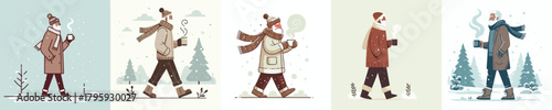 vector of grandfather walking carrying warm drink in winter