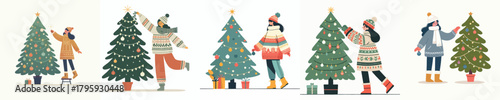 vector woman decorating christmas tree at home