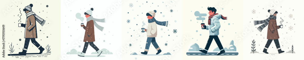Naklejka premium vector of man walking carrying warm drink in winter