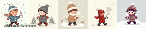 vector of little boy walking carrying warm drink in winter