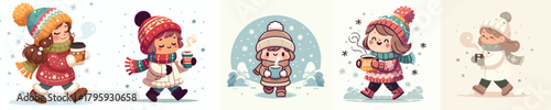 vector of little girl walking carrying warm drink in winter