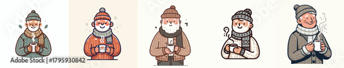 vector grandfather drinking hot coffee in winter