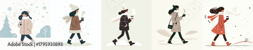 vector of woman walking carrying warm drink in winter