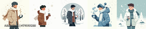 vector half body of man walking carrying warm drink in winter