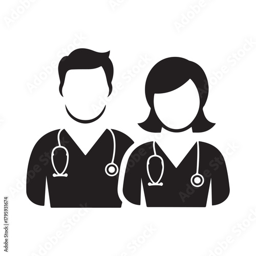 Silhouette icon of male and female doctors with stethoscopes, perfect for healthcare services, clinics, hospital branding, and professional medical designs.